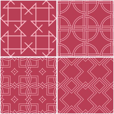 Geometrik desenler. Soluk kırmızı sorunsuz arka planlar kümesi. Vektör çizim