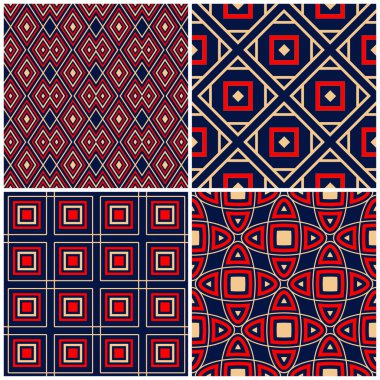 Sorunsuz arka planlar. Mavi klasik bej ve kırmızı duvar kağıtları, Tekstil ve kumaş için geometrik desenlerle ayarlar