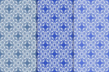 Mavi çiçekli süsler. Dikey Dikişsiz desen seti. Duvar kağıdı arka plan