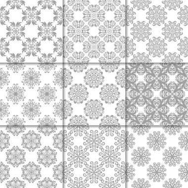 Gri ve beyaz çiçekli süsler. Kağıt için tarafsız Dikişsiz desen koleksiyonu Tekstil