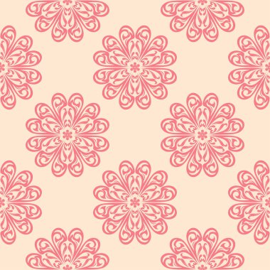 Bej renkli arka plan üzerinde kırmızı çiçekli süs. Tekstil ve duvar kağıtları için seamless modeli