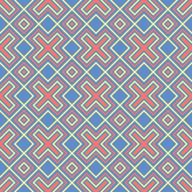 Geometrik mavi seamless modeli. Arka plan duvar kağıtları, Tekstil ve kumaş için kırmızı ve sarı tasarımı ile çok renkli