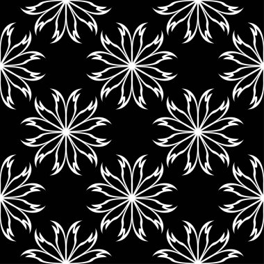 Siyah arka plan üzerine beyaz çiçek süsleme. Tekstil ve duvar kağıtları için seamless modeli