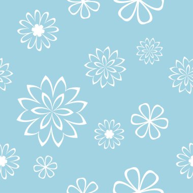 Mavi zemin üzerine beyaz çiçek süsleme. Tekstil ve duvar kağıtları için seamless modeli