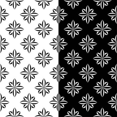 Siyah ve beyaz çiçekli süsler. Tekstil ve duvar kağıtları için sorunsuz arka planlar kümesi