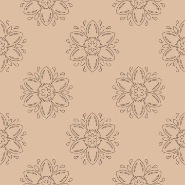 Kahverengi ve bej çiçekli süs. Tekstil ve duvar kağıtları için seamless modeli