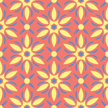 Çiçek seamless modeli. Parlak pembe turuncu arka plan duvar kağıtları, Tekstil ve kumaş için sarı ve mavi çiçek öğeleri ile