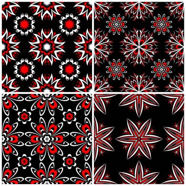 Sorunsuz arka planlar. Siyah beyaz ve kırmızı klasik duvar kağıtları, Tekstil ve kumaş çiçek desenleri ile ayarlar