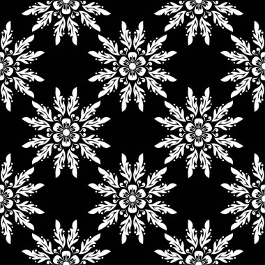 Siyah arka plan üzerine beyaz çiçek süsleme. Tekstil ve duvar kağıtları için seamless modeli