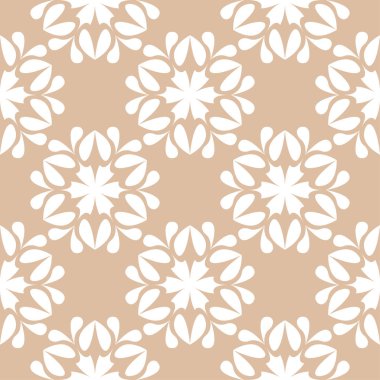 Bej renkli arka plan üzerinde beyaz çiçek süsleme. Tekstil ve duvar kağıtları için seamless modeli