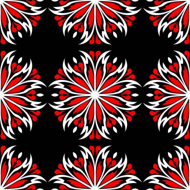 Çiçek seamless modeli. Duvar kağıtları, Tekstil ve kumaş için siyah kırmızı ve beyaz arka plan.