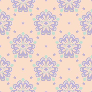 Çiçek seamless modeli. Bej renkli arka plan duvar kağıtları, Tekstil ve kumaş için mor ve mavi çiçek öğeleri ile