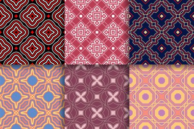 Kesintisiz geometrik desenler. Tekstil, kumaş veya duvar kağıtları için renkli arka planlar topluluğu