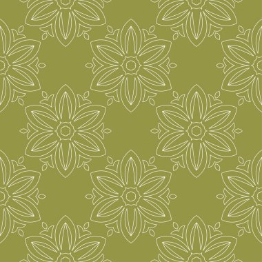 Zeytin yeşil zemin üzerine beyaz çiçekler. Tekstil ve duvar kağıtları için süs seamless modeli