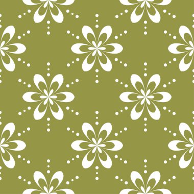 Zeytin yeşil zemin üzerine beyaz çiçek süsleme. Tekstil ve duvar kağıtları için seamless modeli