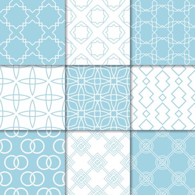 Mavi ve beyaz geometrik süsler. Web, Tekstil ve duvar kağıtları için dikişsiz desen koleksiyonu