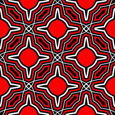 Kesintisiz geometrik siyah arka plan. Kırmızı ve beyaz öğelerle duvar kağıtları, Tekstil ve kumaş için