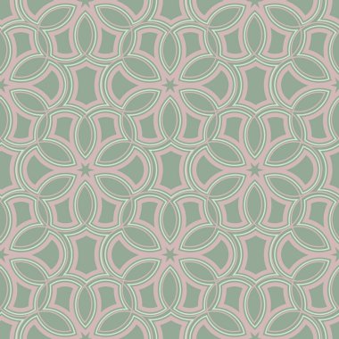 Duvar kağıtları ve Tekstil için pembe elemanları ile geometrik yeşil sorunsuz arka plan