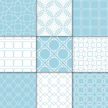Mavi ve beyaz geometrik süsler. Web, Tekstil ve duvar kağıtları için dikişsiz desen koleksiyonu
