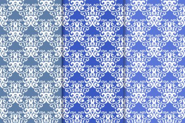 Mavi çiçekli süsler. Duvar kağıtları ve kumaşlar için dikey Dikişsiz desen seti