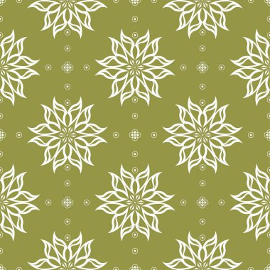 Zeytin yeşil zemin üzerine beyaz çiçek süsleme. Tekstil ve duvar kağıtları için seamless modeli