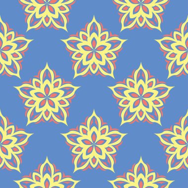 Çiçek seamless modeli. Duvar kağıtları, Tekstil ve kumaş için mavi arka plan üzerinde kırmızı ve sarı çiçek öğeleri