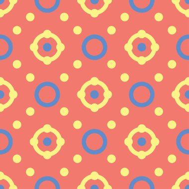 Geometrik parlak çok sorunsuz arka plan renkli. Turuncu arka plan üzerinde öğeleri mavi ve bej. Duvar kağıtları ve kumaşlar için tasarım