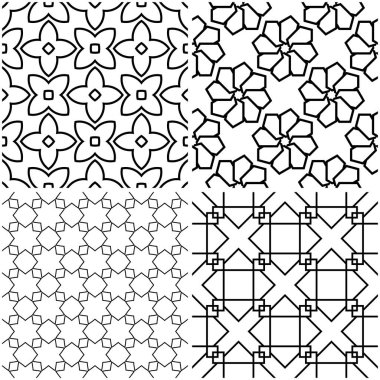 Geometrik desenler. Siyah beyaz tek renkli kesintisiz arka planlar kümesi. Vektör çizim