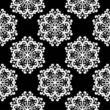 Siyah arka plan üzerine beyaz çiçek süsleme. Tekstil ve duvar kağıtları için seamless modeli