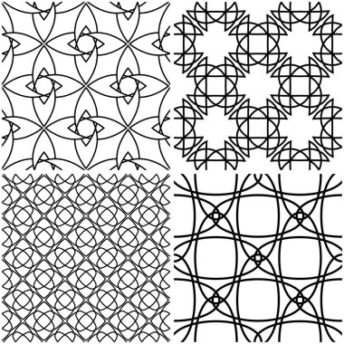 Geometrik desenler. Siyah beyaz tek renkli kesintisiz arka planlar kümesi. Vektör çizim