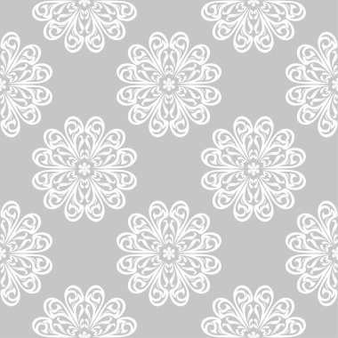 Gri arka plan üzerinde beyaz çiçek süsleme. Tekstil ve duvar kağıtları için seamless modeli