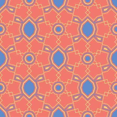 Geometrik parlak çok sorunsuz arka plan renkli. Turuncu arka plan üzerinde öğeleri mavi ve bej. Duvar kağıtları ve kumaşlar için tasarım