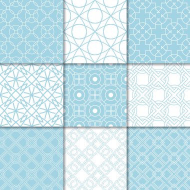 Mavi ve beyaz geometrik süsler. Web, Tekstil ve duvar kağıtları için dikişsiz desen koleksiyonu