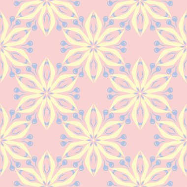 Çiçek soluk pembe seamless modeli mavi ve bej tasarımları ile. Arka plan duvar kağıtları, Tekstil ve kumaş için