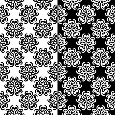 Siyah ve beyaz çiçek arka planlar. Tekstil ve duvar kağıtları için dikişsiz desen seti