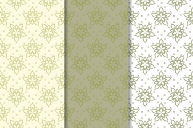 Zeytin yeşili ve beyaz çiçek arka planlar. Tekstil ve duvar kağıtları için dikişsiz desen seti