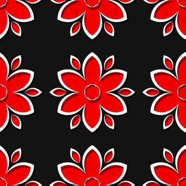 3B çiçek kırmızı elemanları ile sorunsuz siyah arka plan. Vektör çizim
