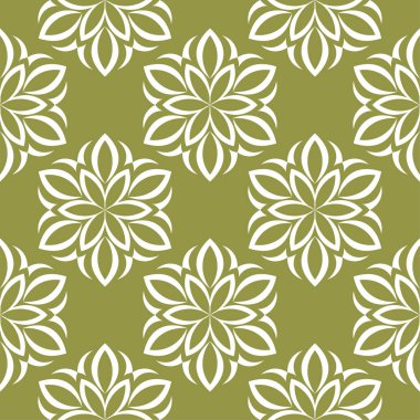 Zeytin yeşil zemin üzerine beyaz çiçekler. Tekstil ve duvar kağıtları için süs seamless modeli