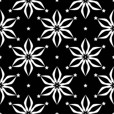 Siyah arka plan üzerine beyaz çiçek süsleme. Tekstil ve duvar kağıtları için seamless modeli