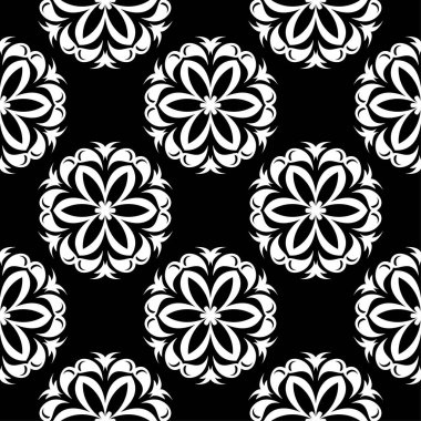 Siyah arka plan üzerine beyaz çiçek süsleme. Tekstil ve duvar kağıtları için seamless modeli