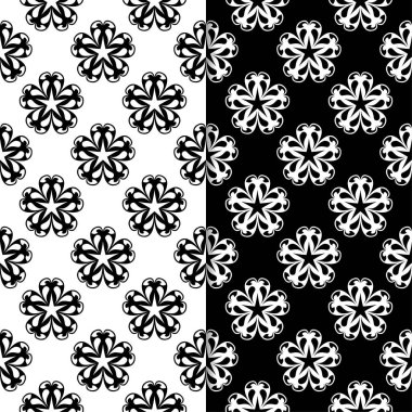 Siyah ve beyaz çiçek arka planlar. Tekstil ve duvar kağıtları için dikişsiz desen seti