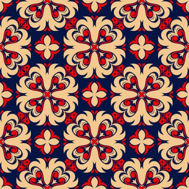 Kesintisiz mavi arka plan. Çiçek bej ve kırmızı desenli duvar kağıtları ve tekstil