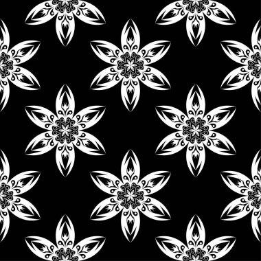 Siyah arka plan üzerine beyaz çiçekler. Tekstil ve duvar kağıtları için süs seamless modeli