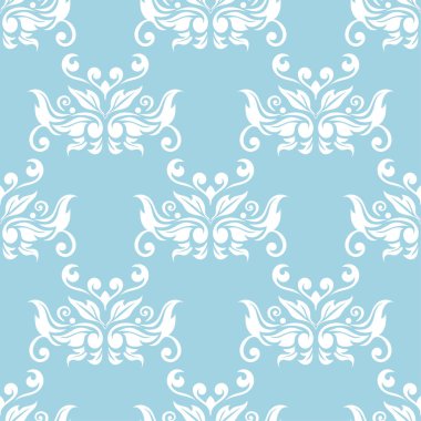 Mavi zemin üzerine beyaz çiçek süsleme. Tekstil ve duvar kağıtları için seamless modeli