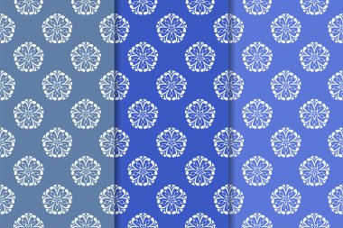 Mavi çiçekli süsler. Duvar kağıtları ve kumaşlar için dikey Dikişsiz desen seti