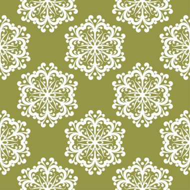 Zeytin yeşil zemin üzerine beyaz çiçek süsleme. Tekstil ve duvar kağıtları için seamless modeli