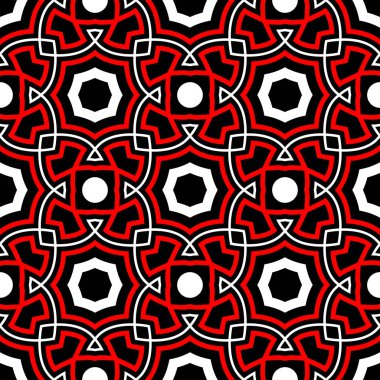 Geometrik seamless modeli. Duvar kağıtları, Tekstil ve kumaş için siyah arka plan üzerinde öğeleri kırmızı ve beyaz