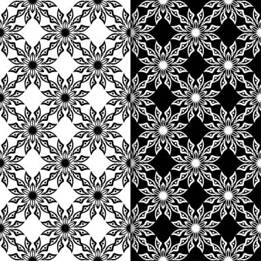 Siyah ve beyaz çiçek arka planlar. Tekstil ve duvar kağıtları için sorunsuz tasarım kümesi