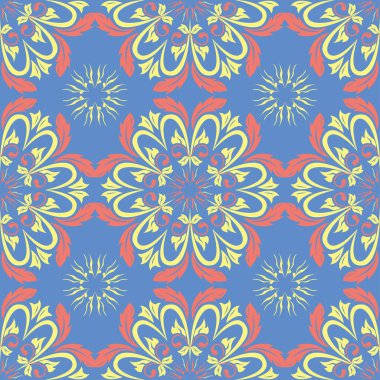 Çiçek seamless modeli. Duvar kağıtları, Tekstil ve kumaş için mavi arka plan üzerinde kırmızı ve sarı çiçek öğeleri