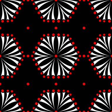 Sorunsuz çiçek desenli. Siyah arka plan üzerinde öğeleri kırmızı ve beyaz.